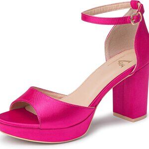 Women's Satin Platform Heels Chunky Block Open Toe Ankle Strap Pumps